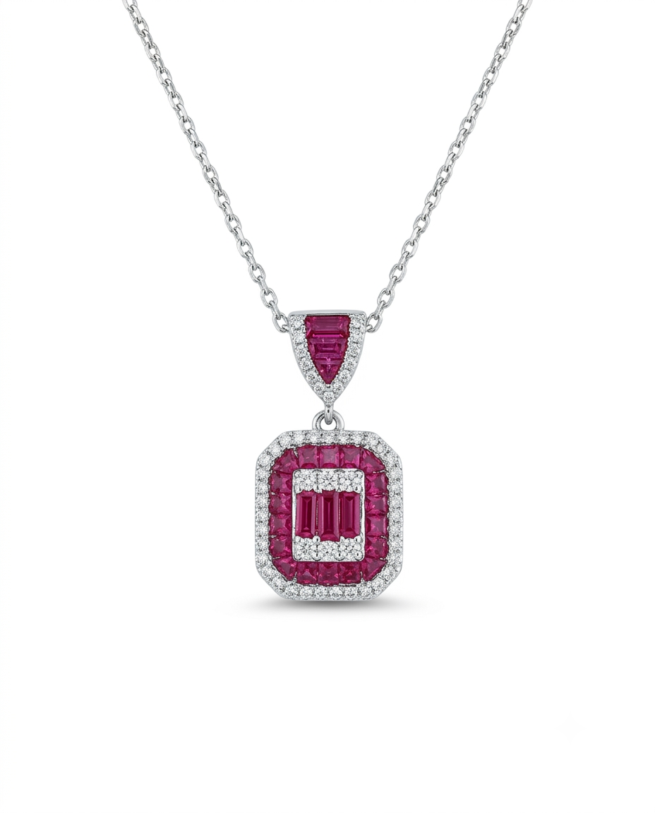 Baguette Halo Cluster Pendant Necklace