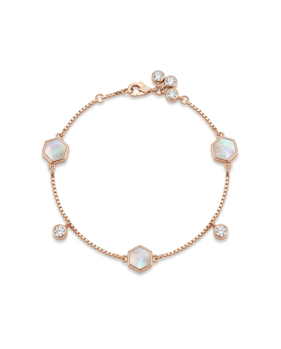 Shell Hex & Crystal Station Rose Gold Bracelet