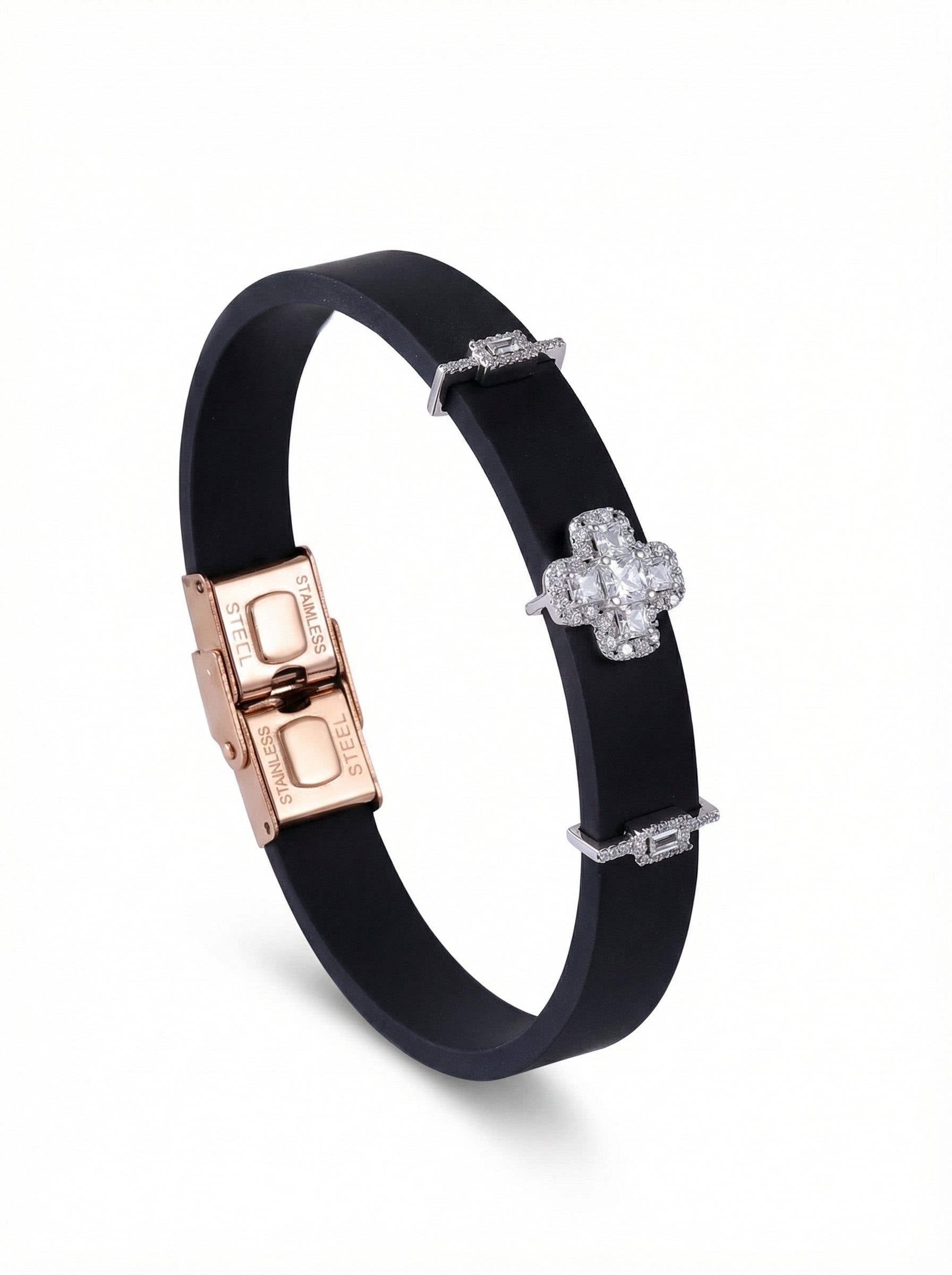 Crystal Clover Black Band Bracelet