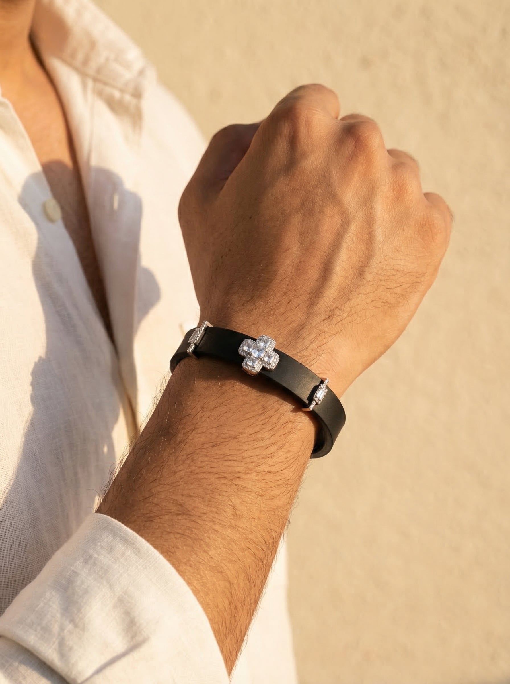 Crystal Clover Black Band Bracelet