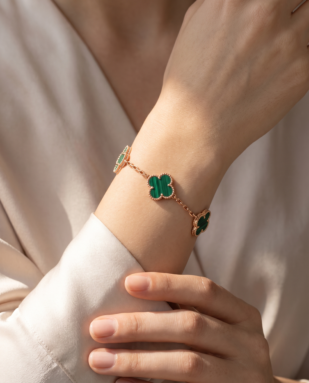Green Clover Station Rose Gold Bracelet