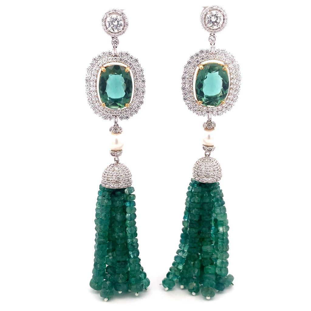 Emerald Bead Pearl Tassel Earrings