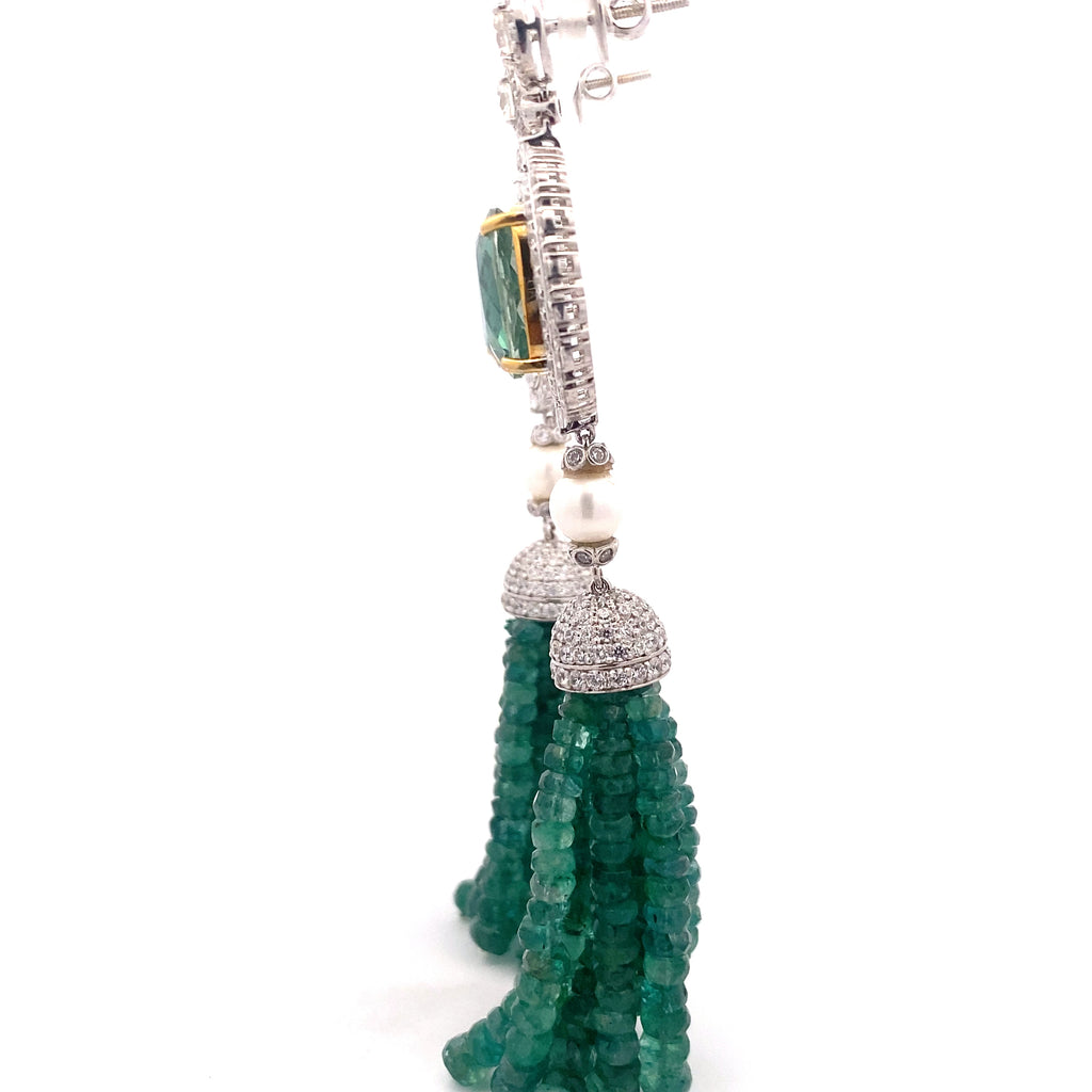 Emerald Bead Pearl Tassel Earrings