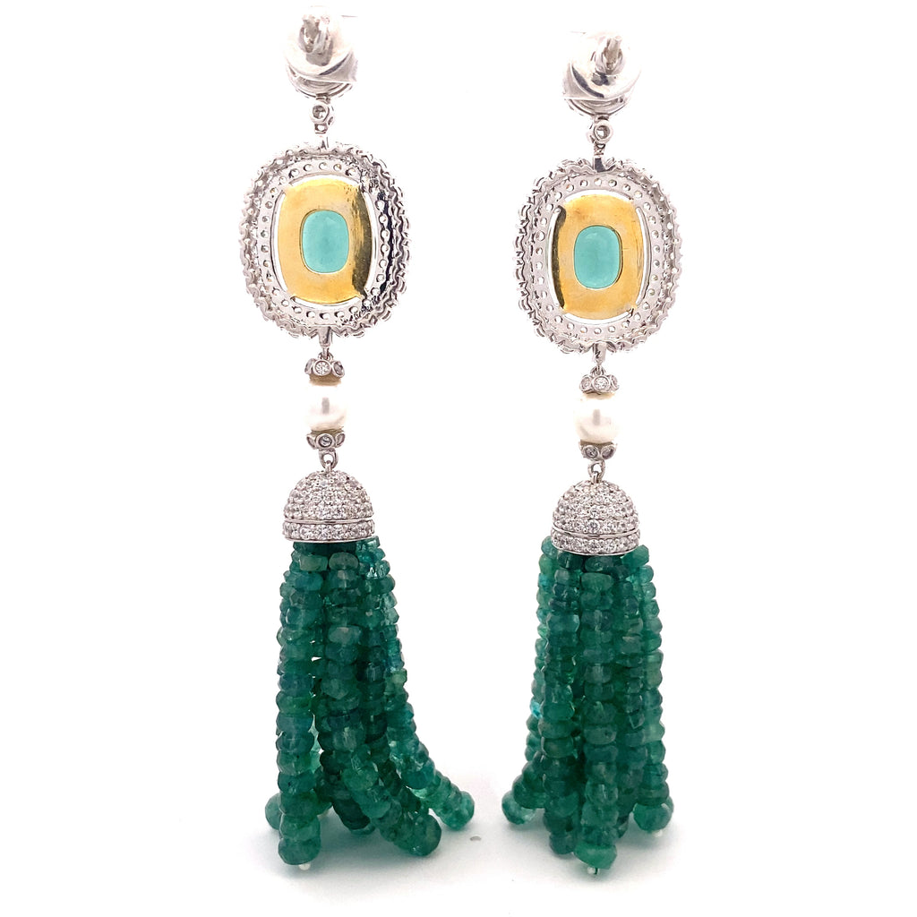 Emerald Bead Pearl Tassel Earrings