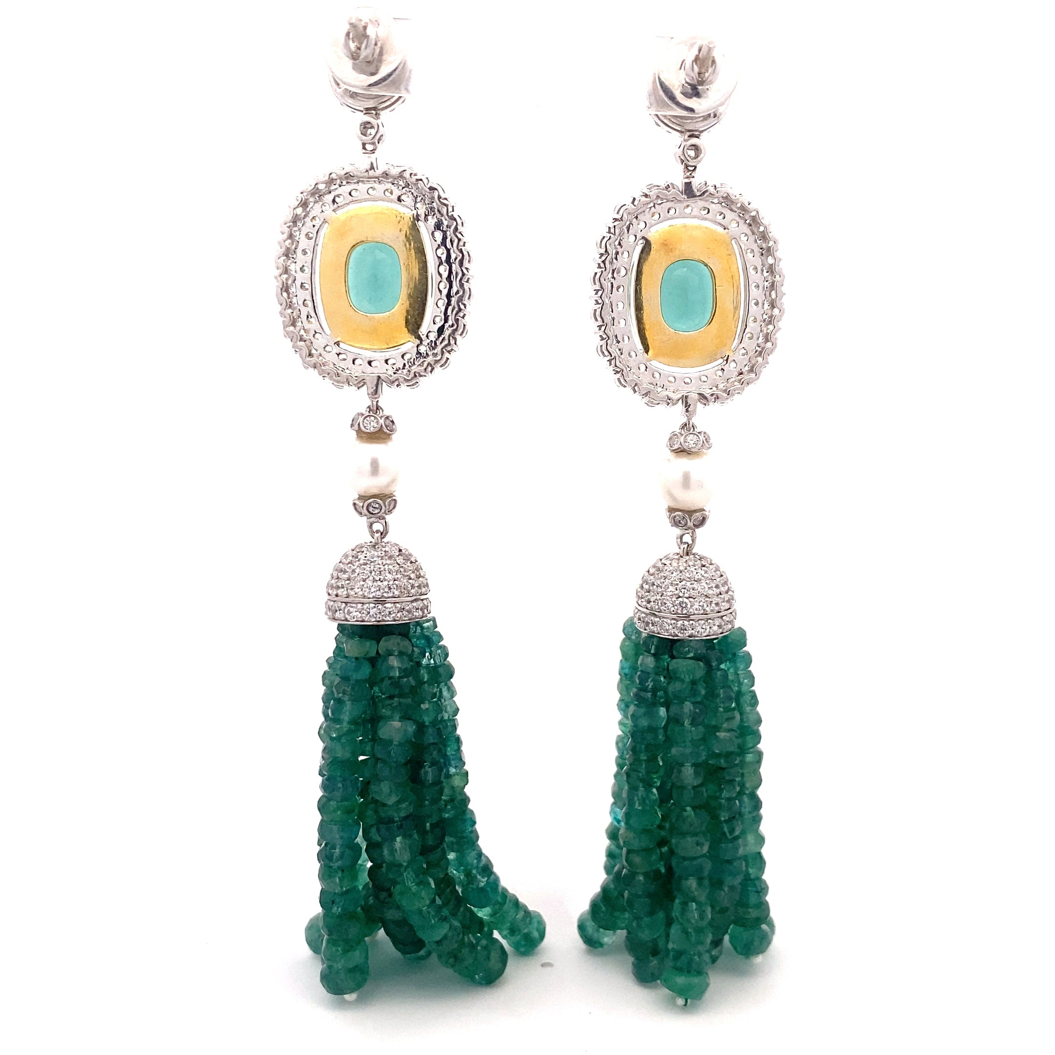 Emerald Bead Pearl Tassel Earrings