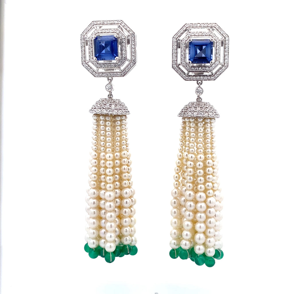 Sapphire Pearl Emerald Tassel Earrings