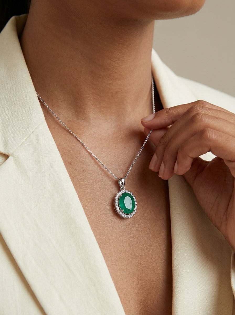 Emerald Halo Silver Pendant