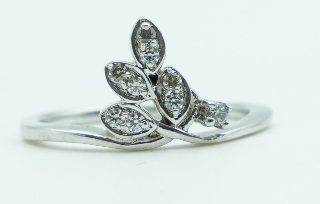 Crystal Leaf Sprig Silver Ring