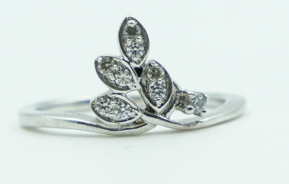 Crystal Leaf Sprig Silver Ring