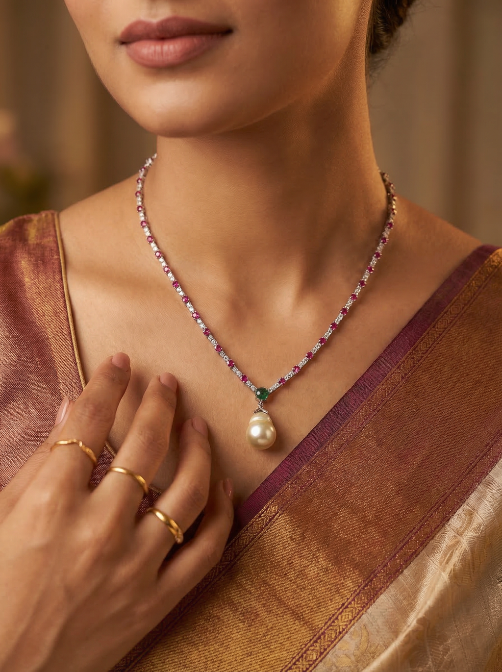 Ruby Emerald Pearl Necklace
