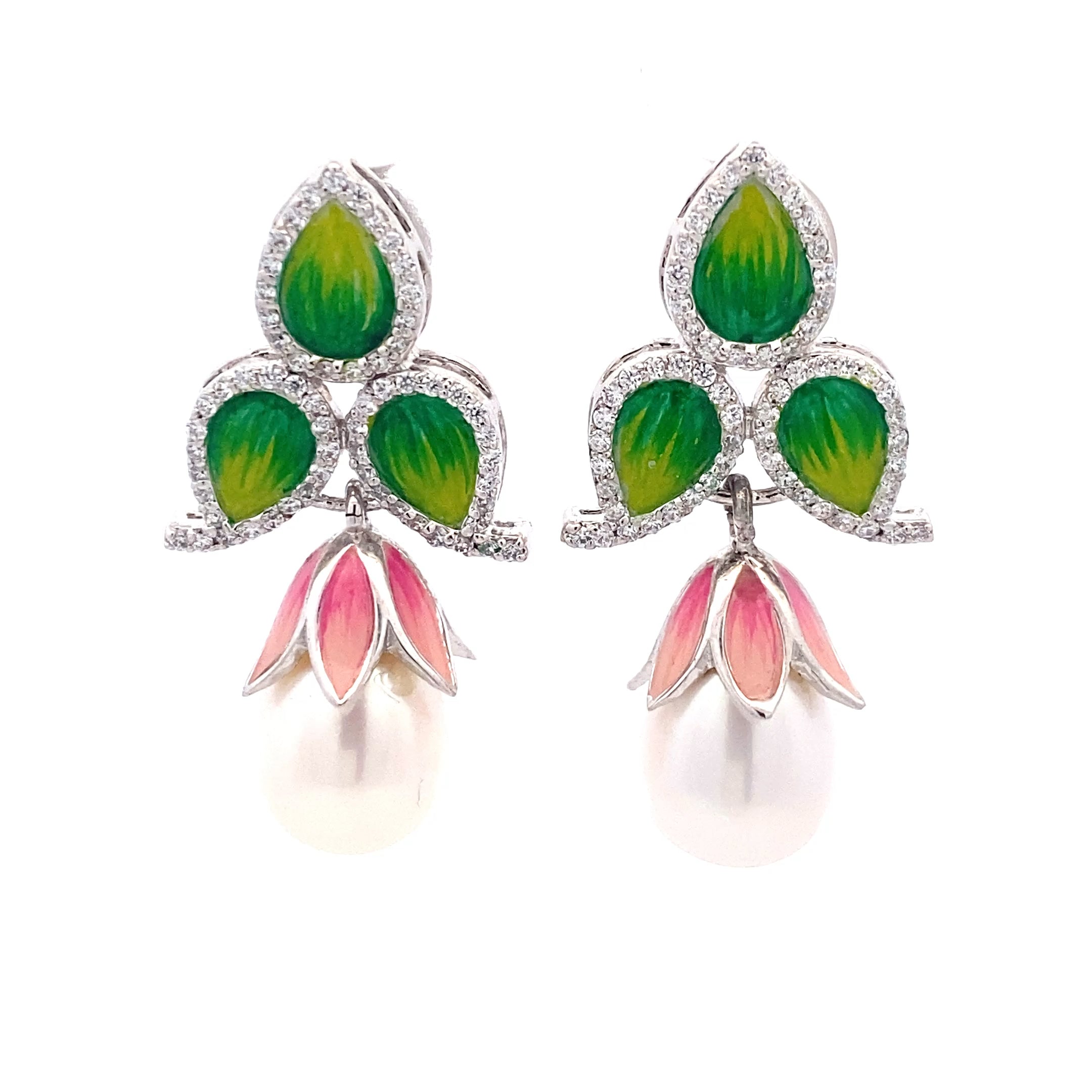 Enamel Petal Pearl Drop Earrings