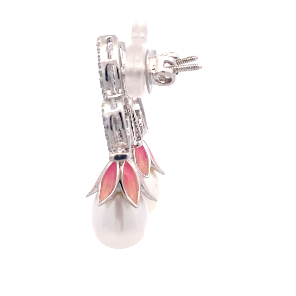 Enamel Petal Pearl Drop Earrings