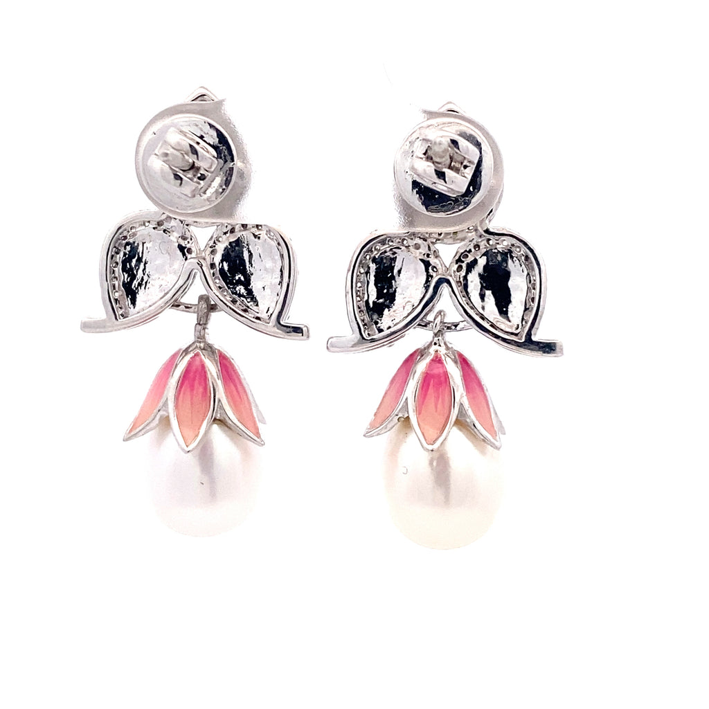 Enamel Petal Pearl Drop Earrings
