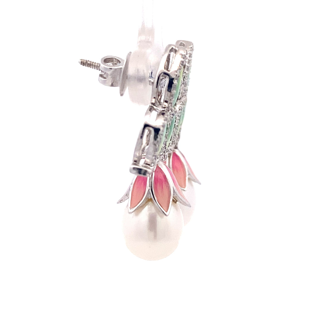 Enamel Petal Pearl Drop Earrings