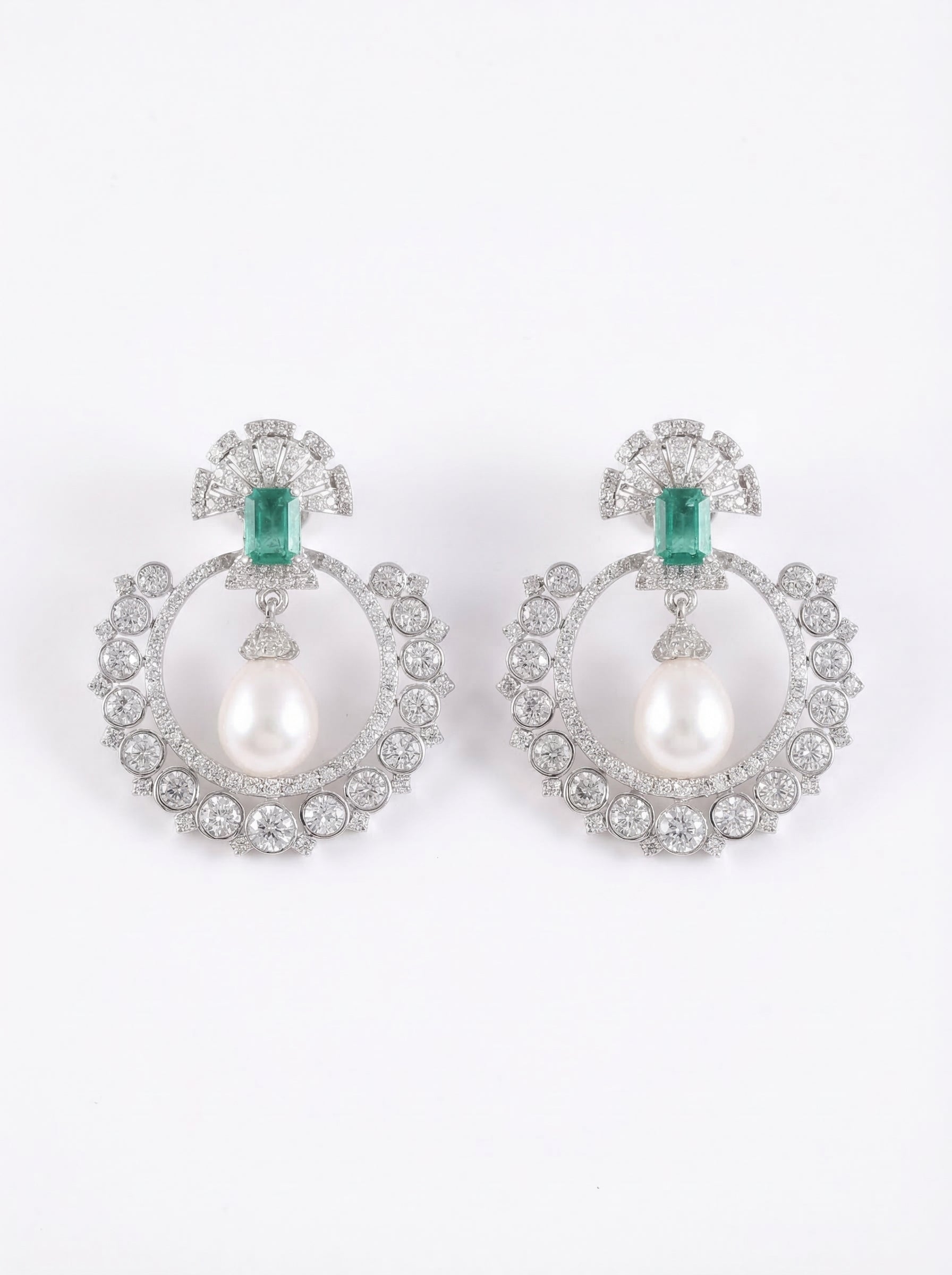 Emerald Crystal Circle Pearl Earrings