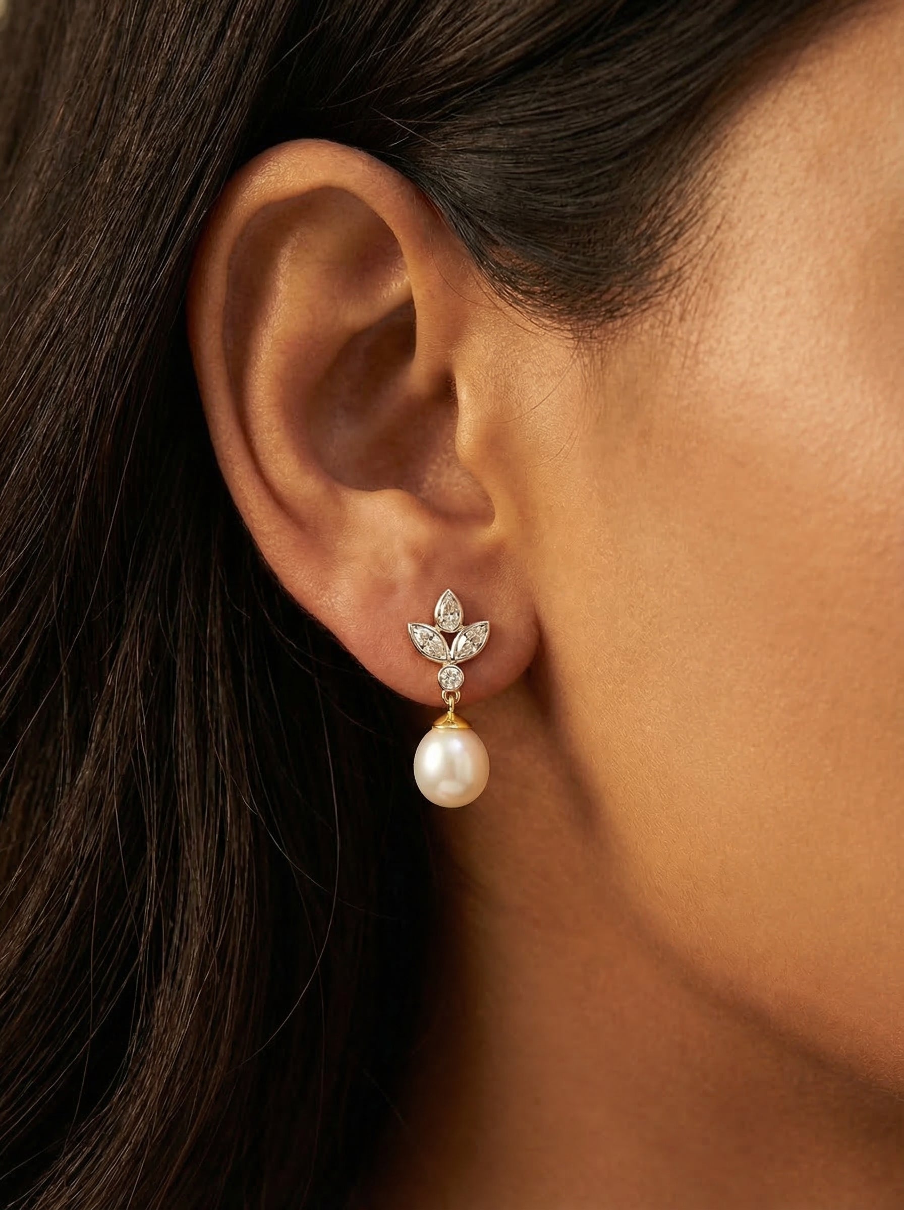 Crystal Leaf Pearl Drop Earrings