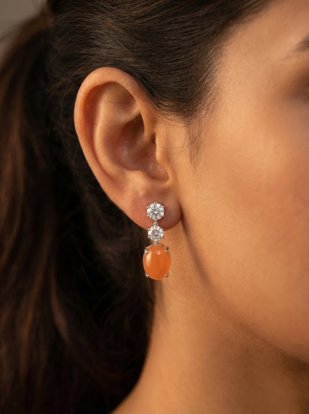 Peach Cabochon Crystal Drop Earrings