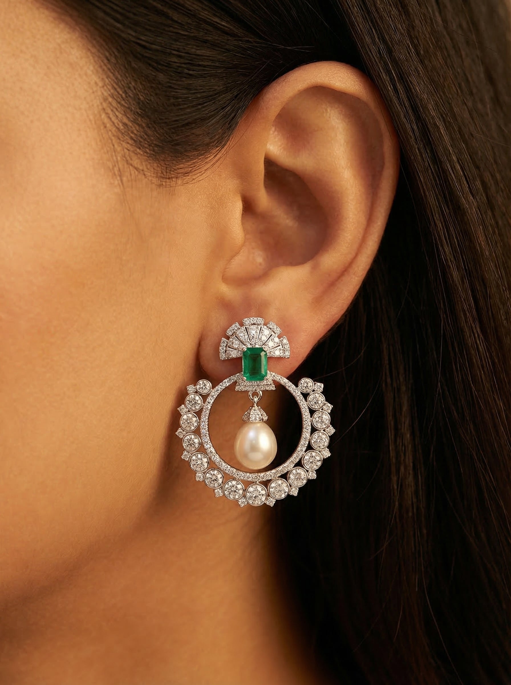 Emerald Crystal Circle Pearl Earrings