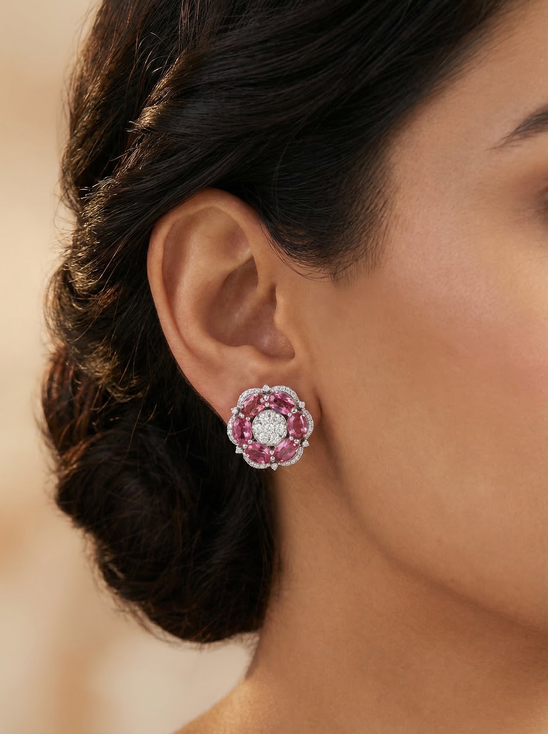 Pink Sapphire Cluster Stud Earrings
