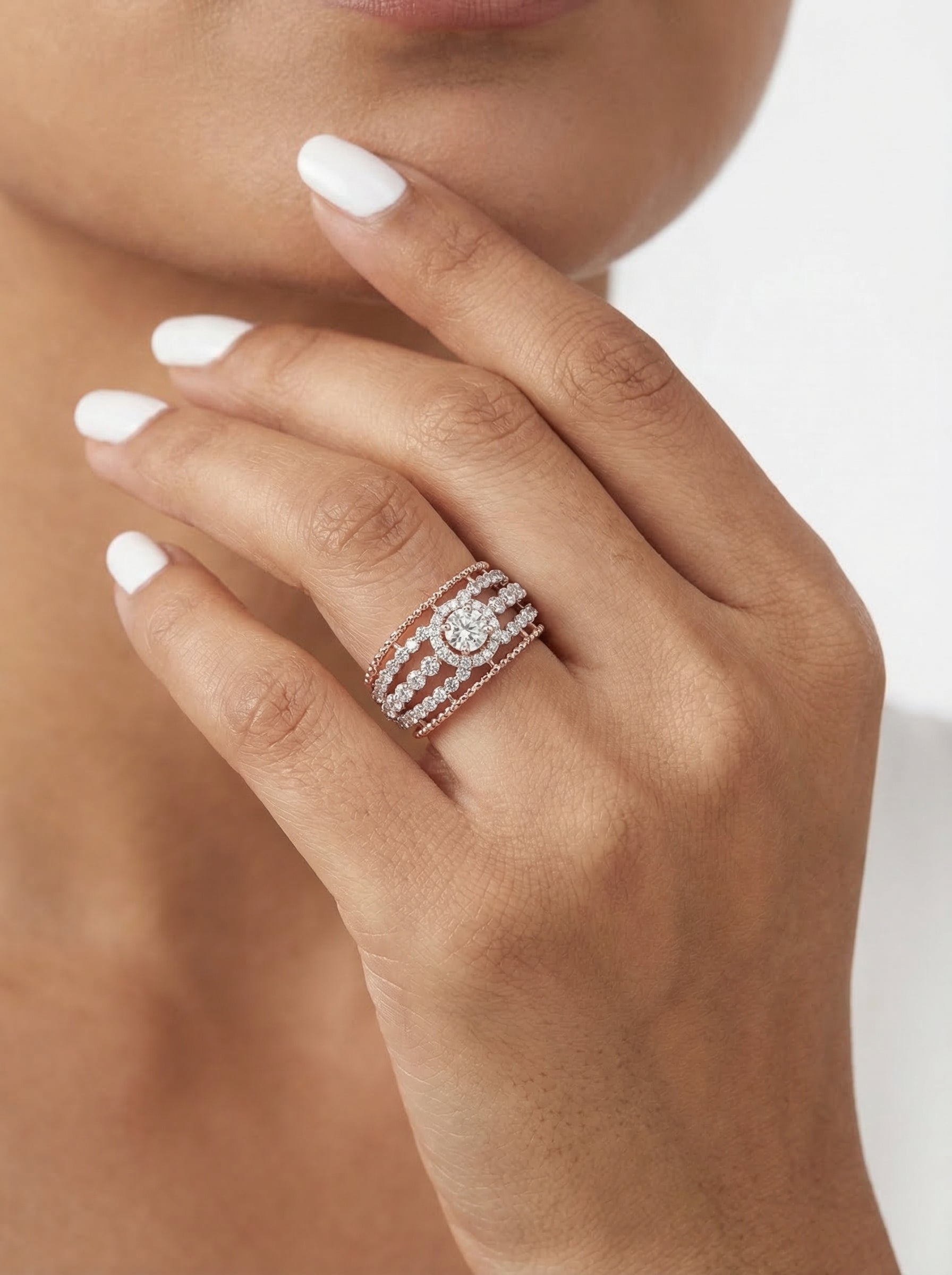 Rose Gold Halo Cascade Ring