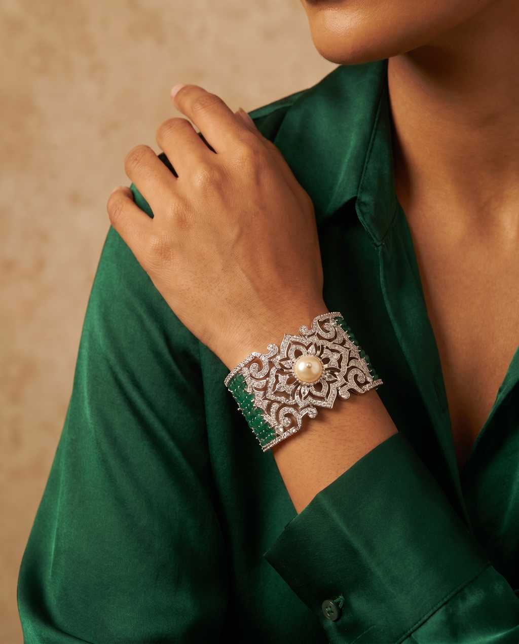 Emerald Bead Grid Cuff