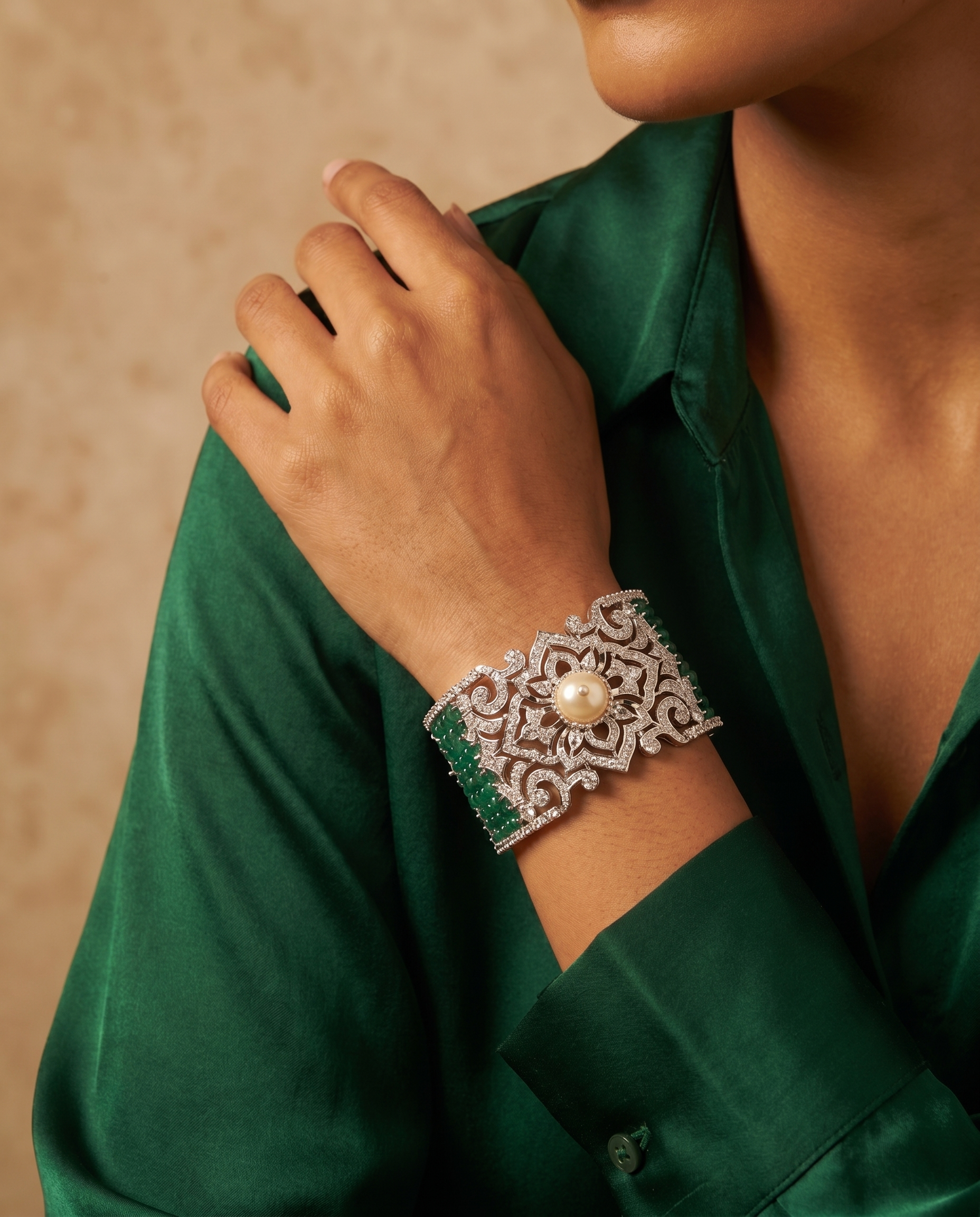 Emerald Bead Grid Cuff