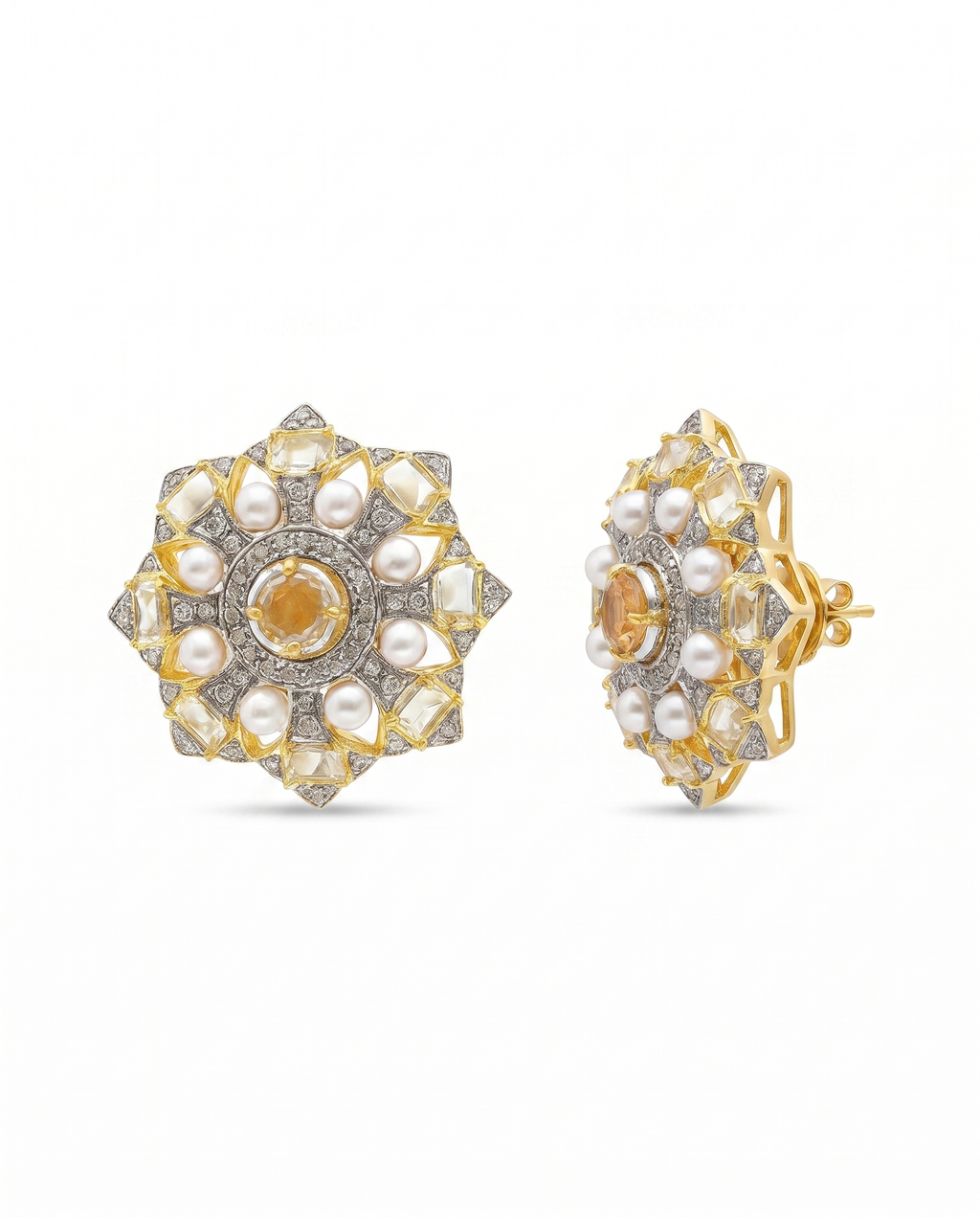 Moissanite Pearl Mandala Studs