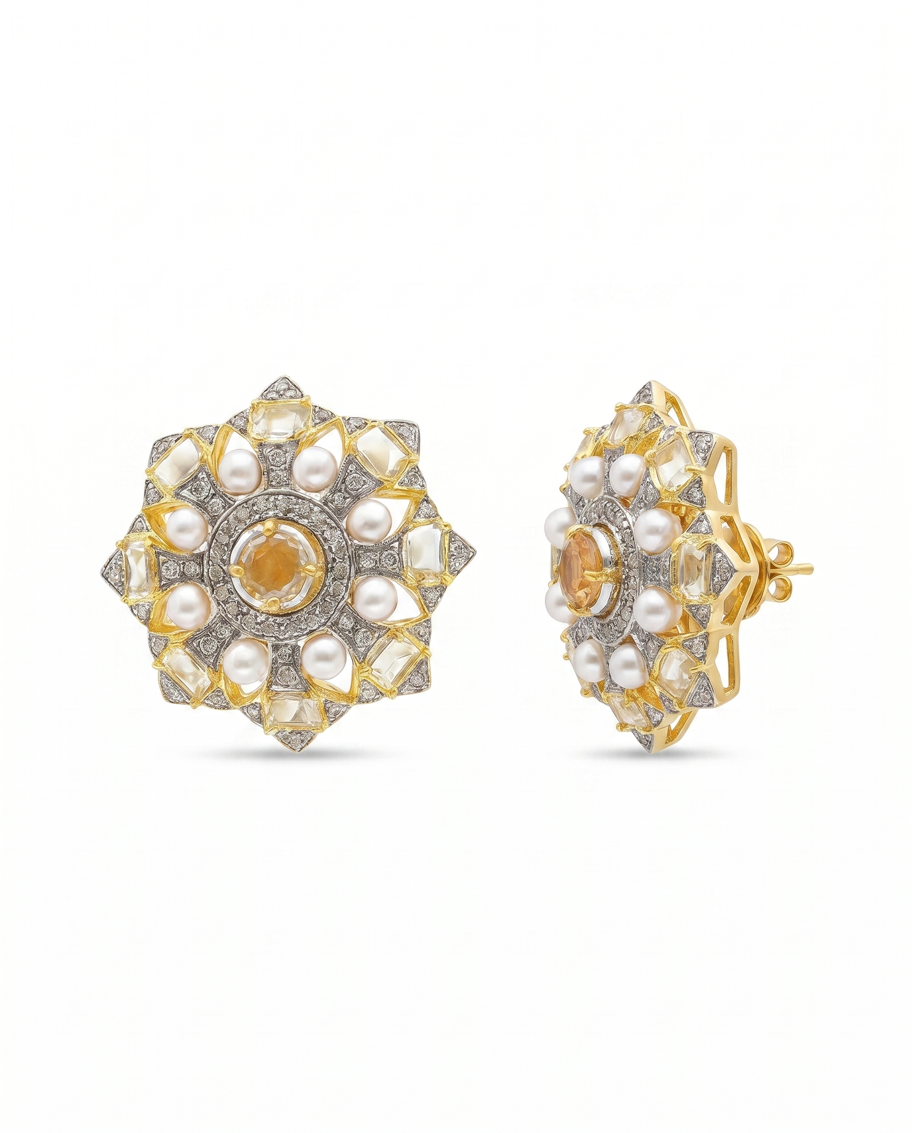 Moissanite Pearl Mandala Studs