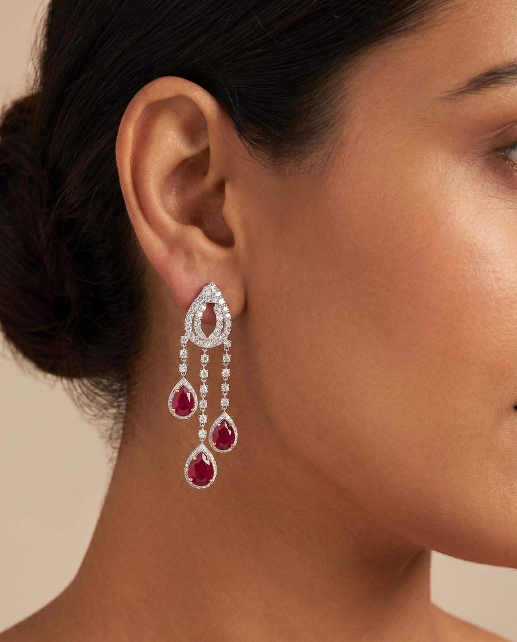 Ruby Teardrop Triple Chandelier Earrings