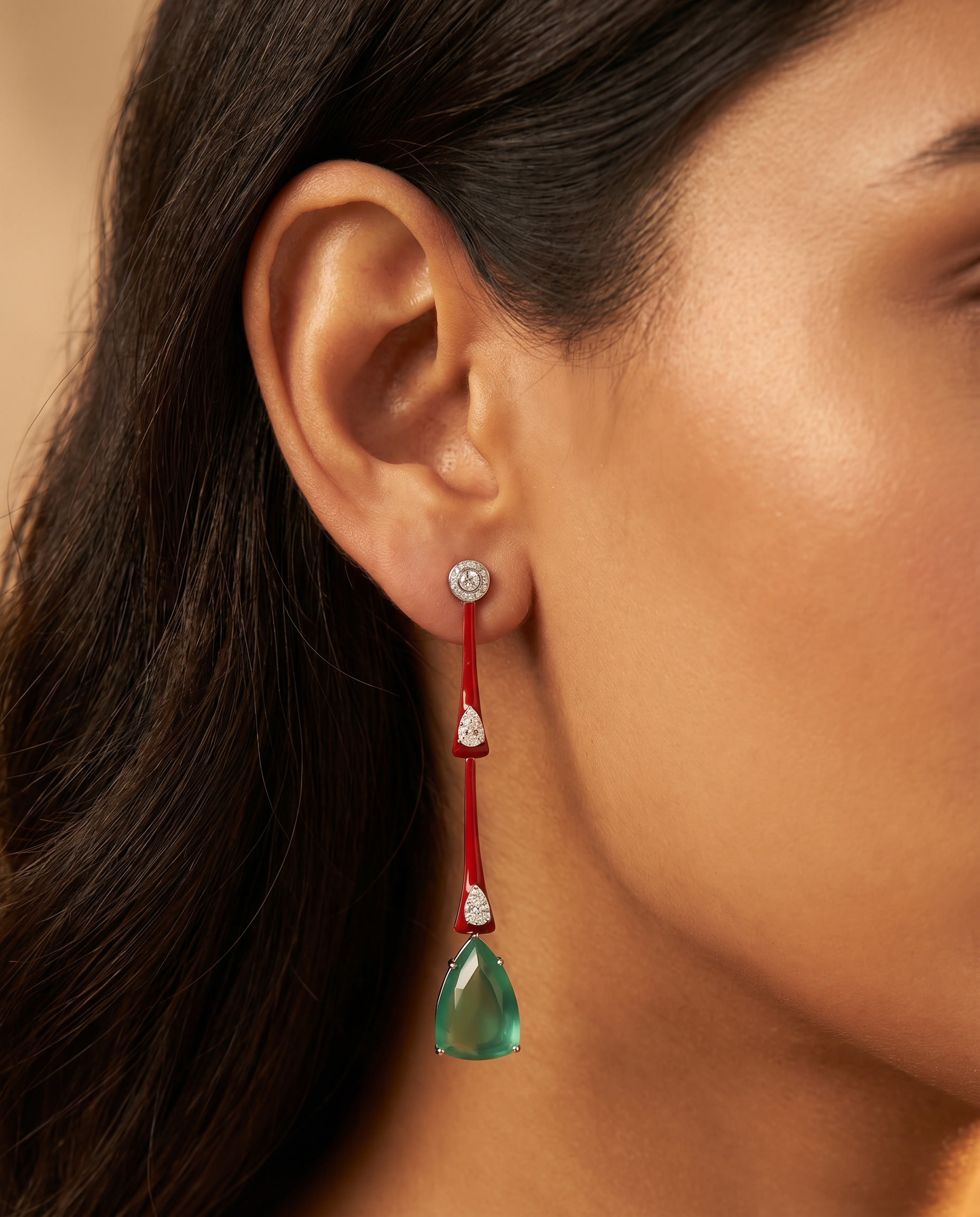 Red Enamel Emerald Spike Drop Earrings