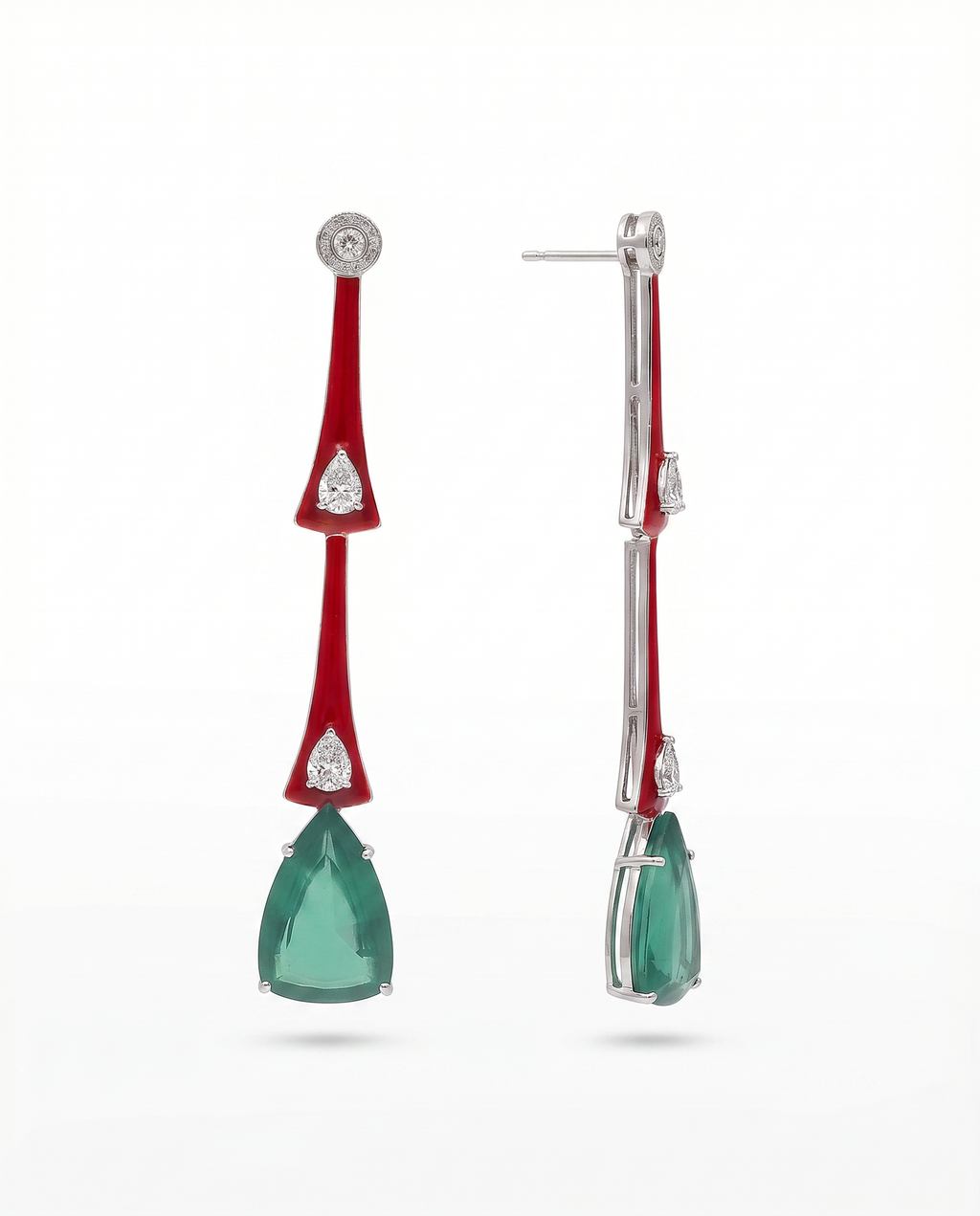 Red Enamel Emerald Spike Drop Earrings