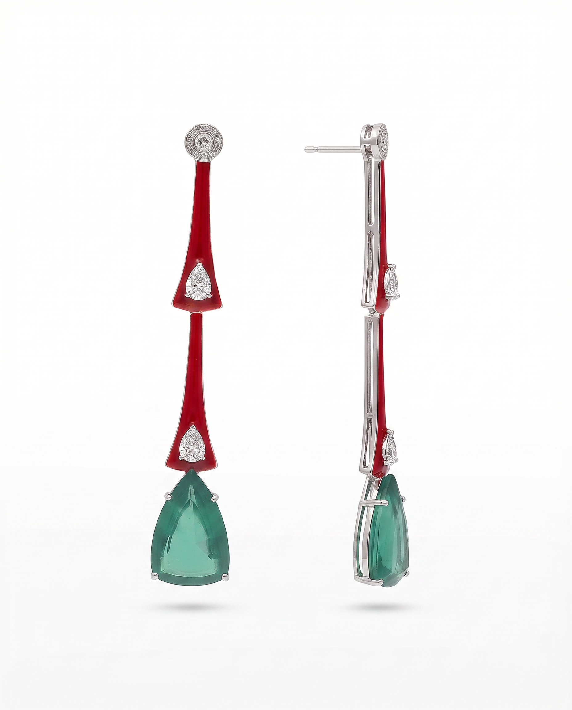 Red Enamel Emerald Spike Drop Earrings