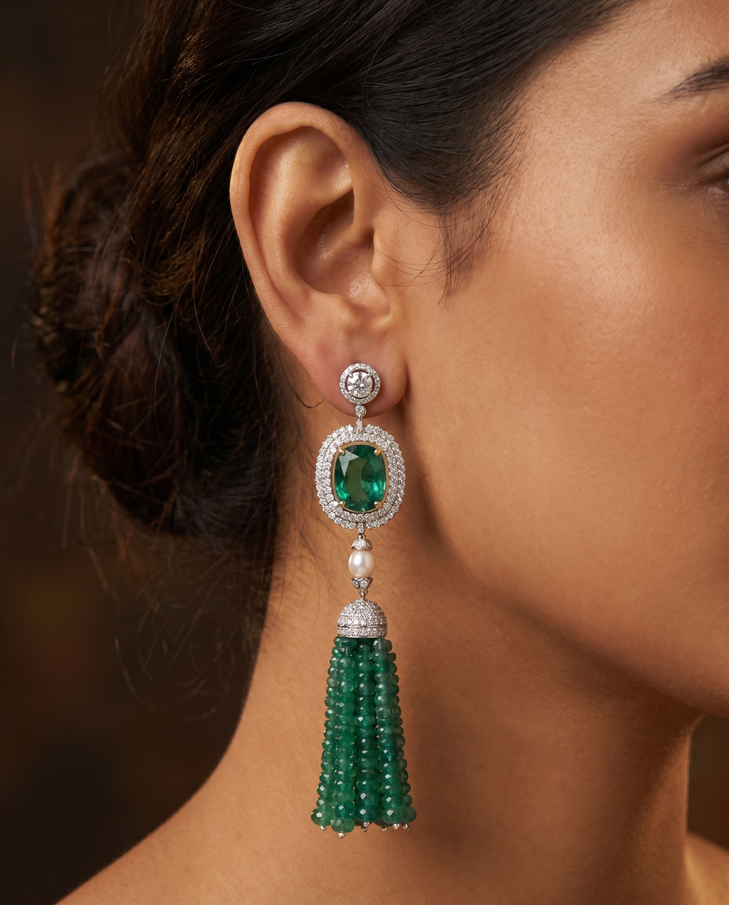 Emerald Bead Pearl Tassel Earrings
