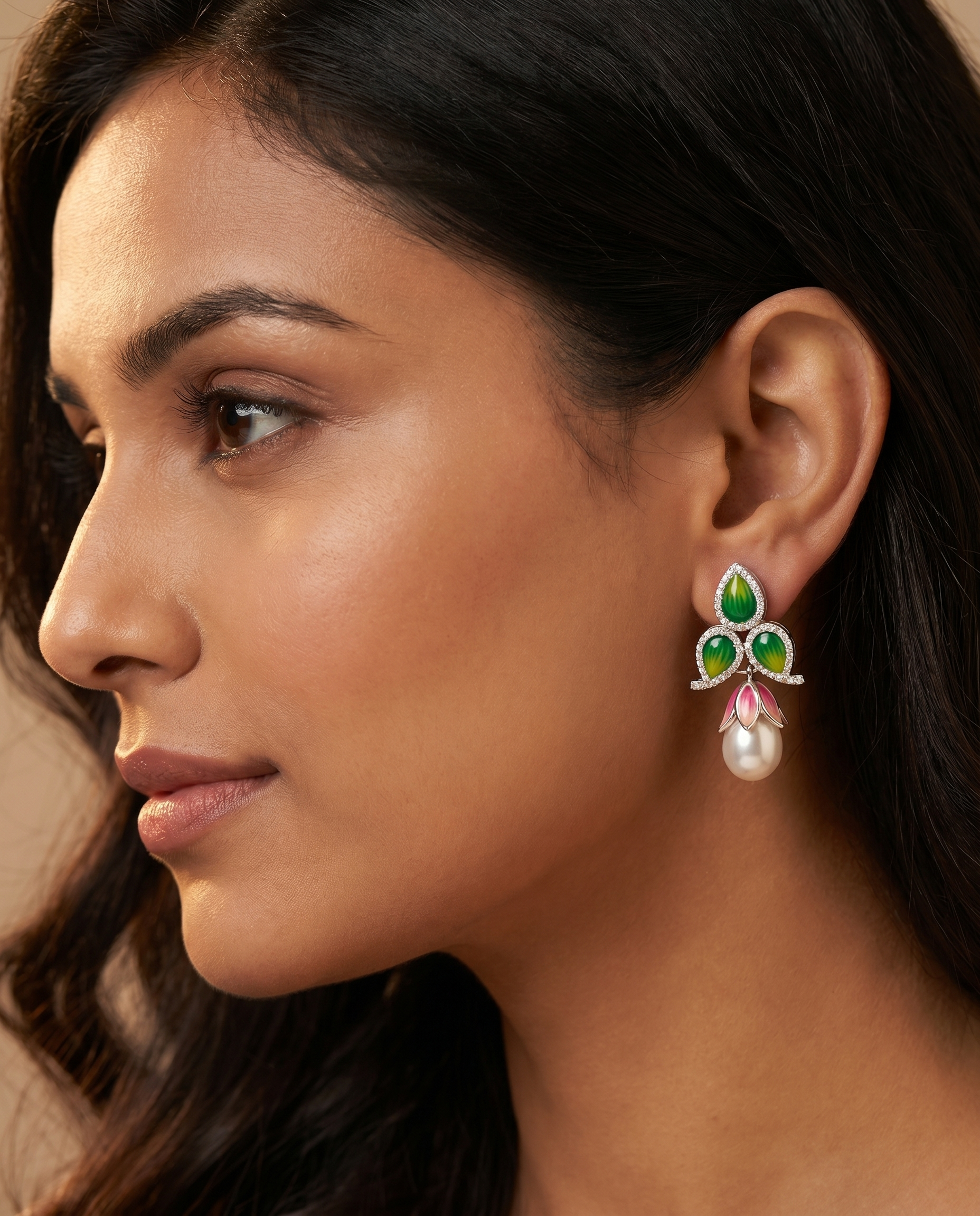 Enamel Petal Pearl Drop Earrings