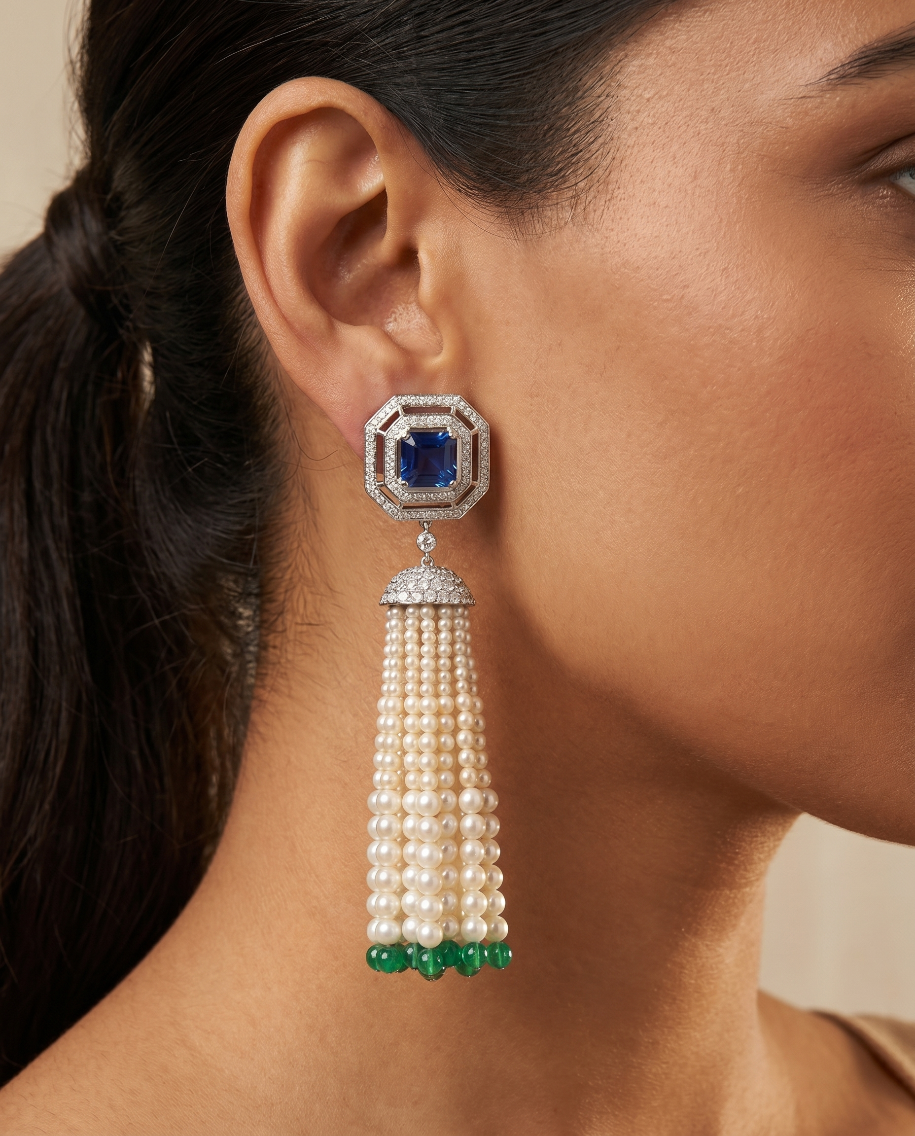 Sapphire Pearl Emerald Tassel Earrings