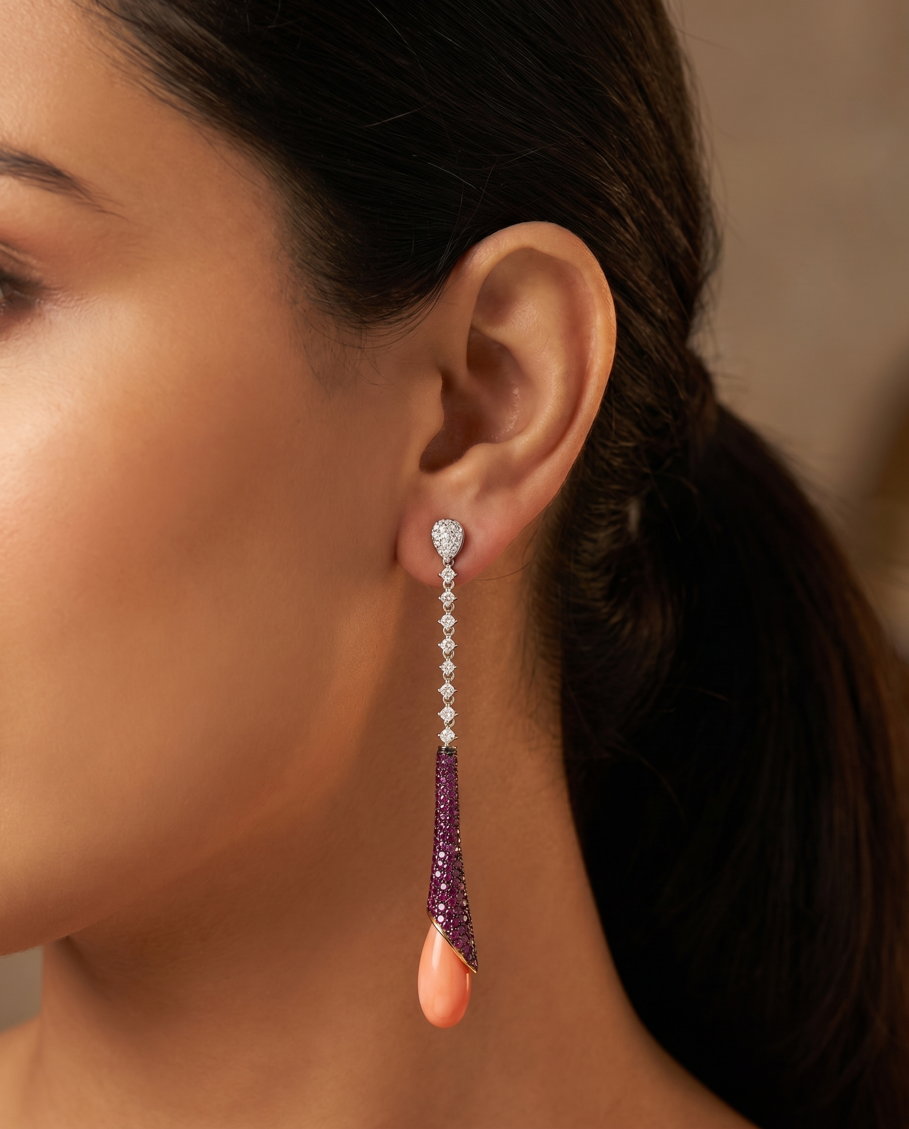 Crystal Bar Coral Teardrop Danglers