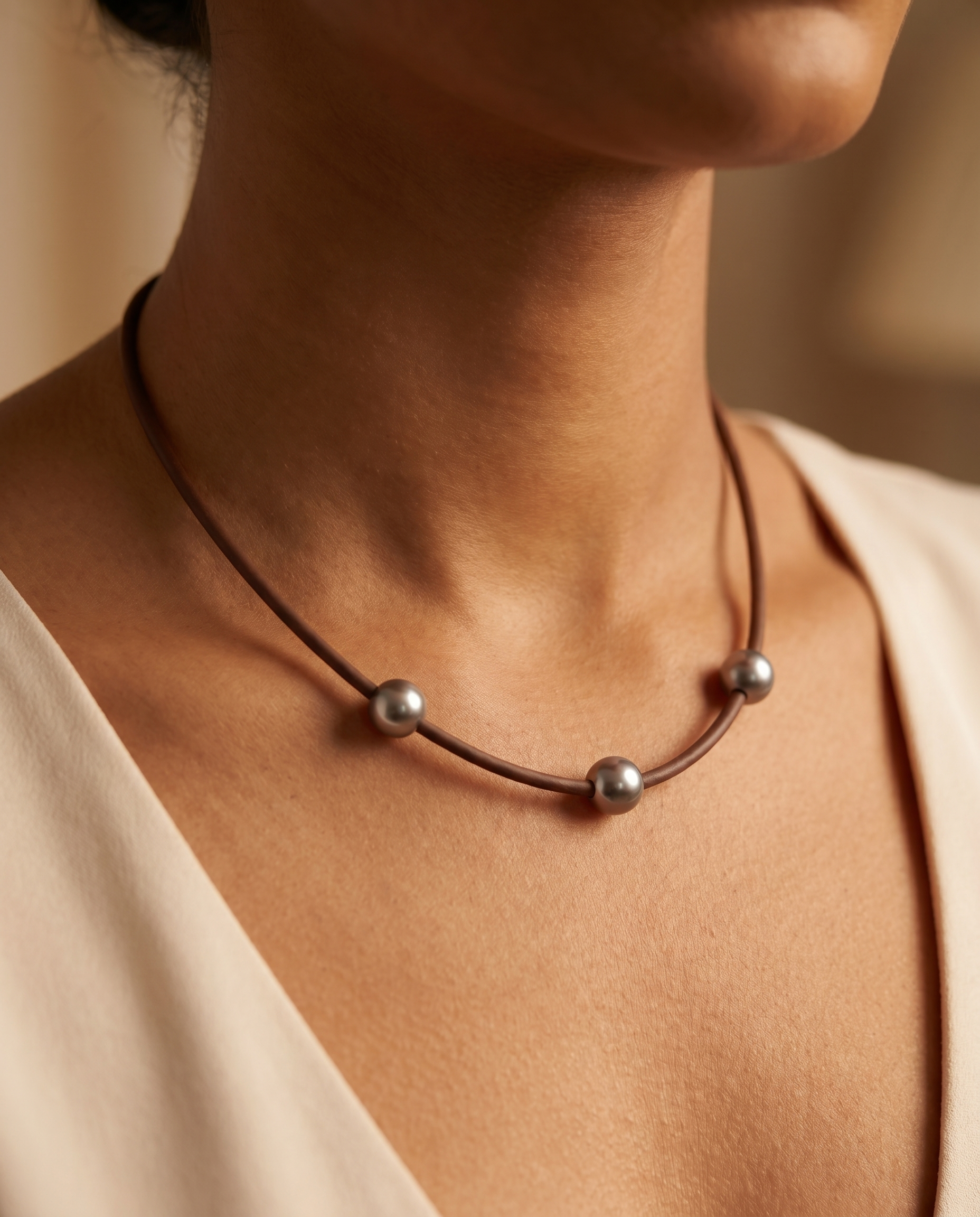 Triple Grey Pearl Cord Necklace