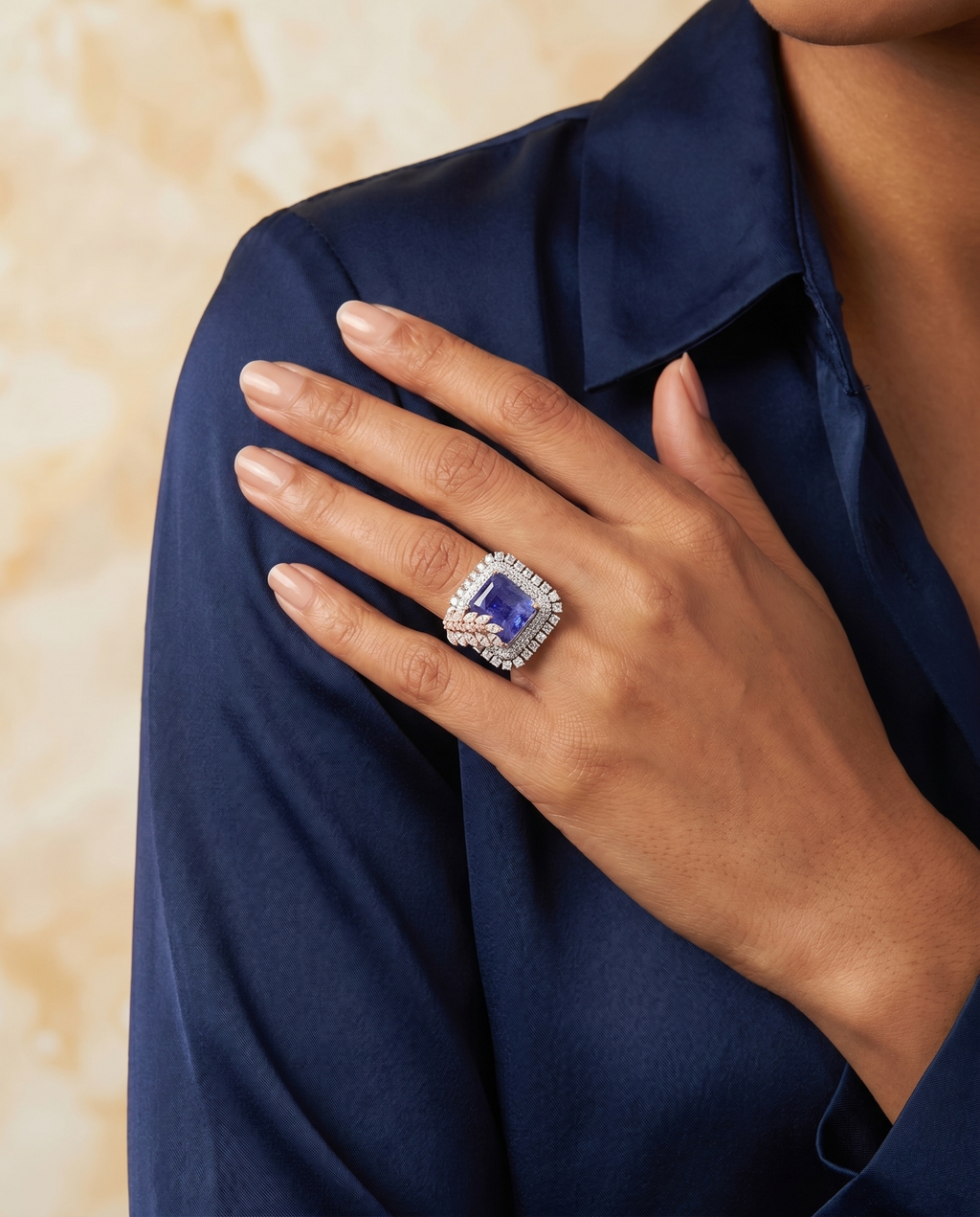 Tanzanite Cabochon Leaf Cocktail Ring