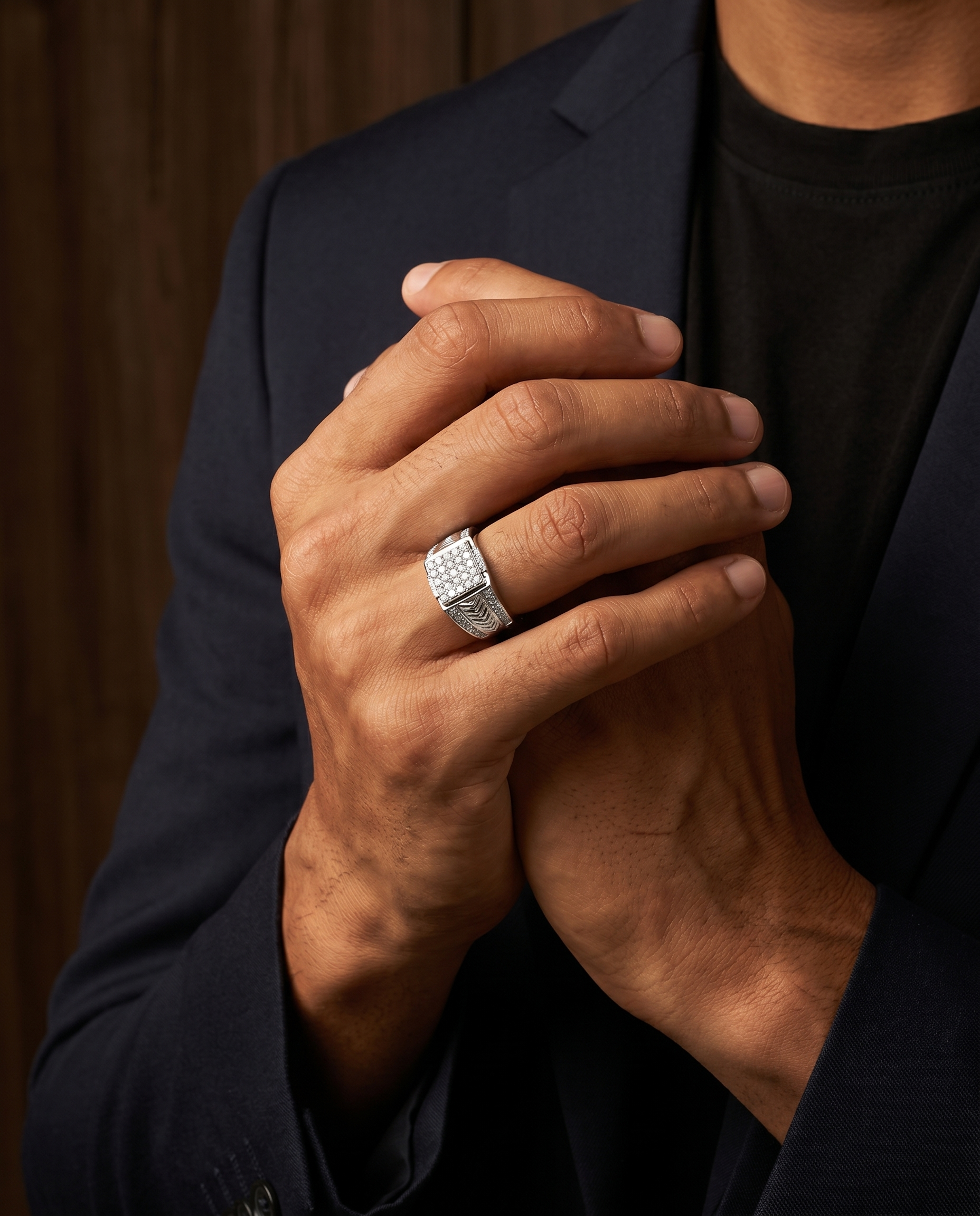 Men's Black Accent Chevron Silver Ring