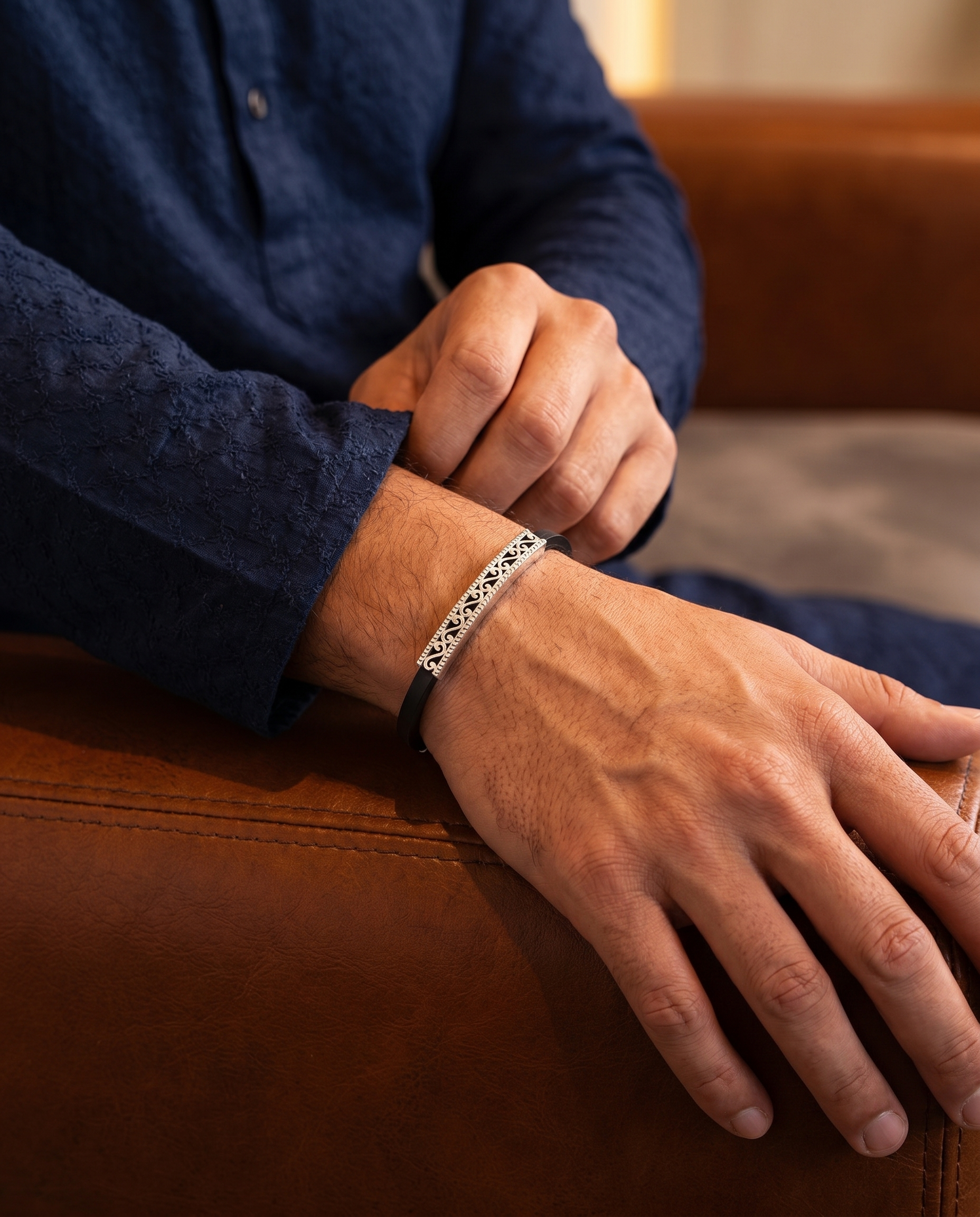 Silver Filigree Leather Cord Bracelet