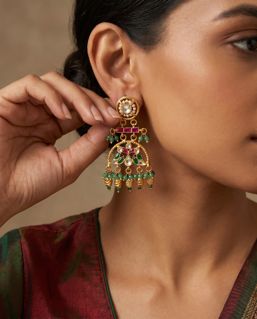Kundan Emerald Bead Chandelier Earrings