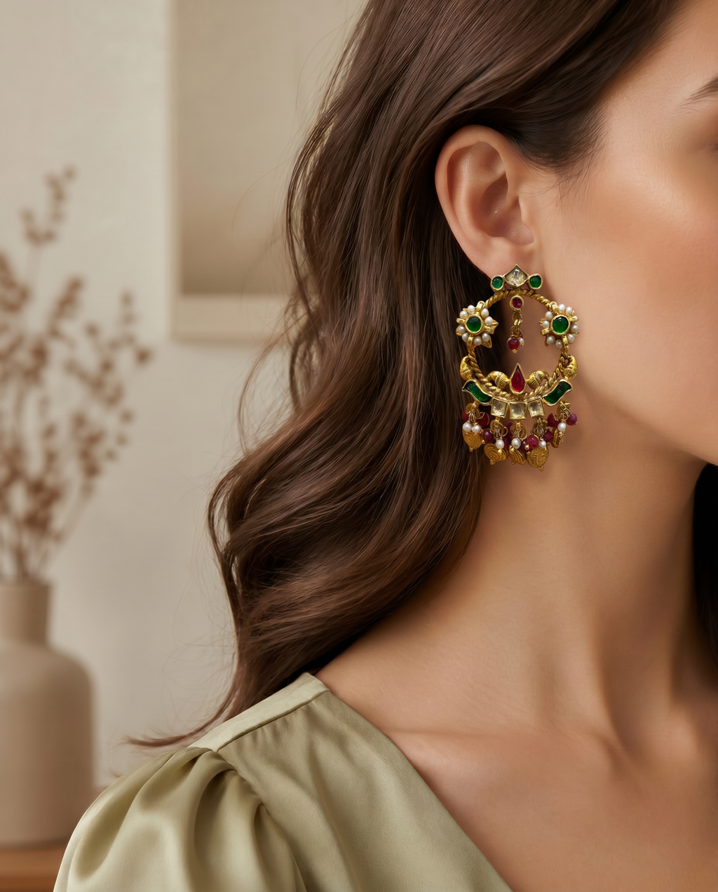 Temple Coin Kundan Chandbali Earrings