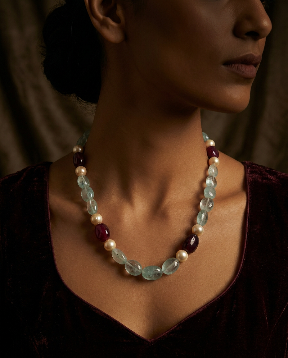 Aquamarine  Pearl Tumble Necklace