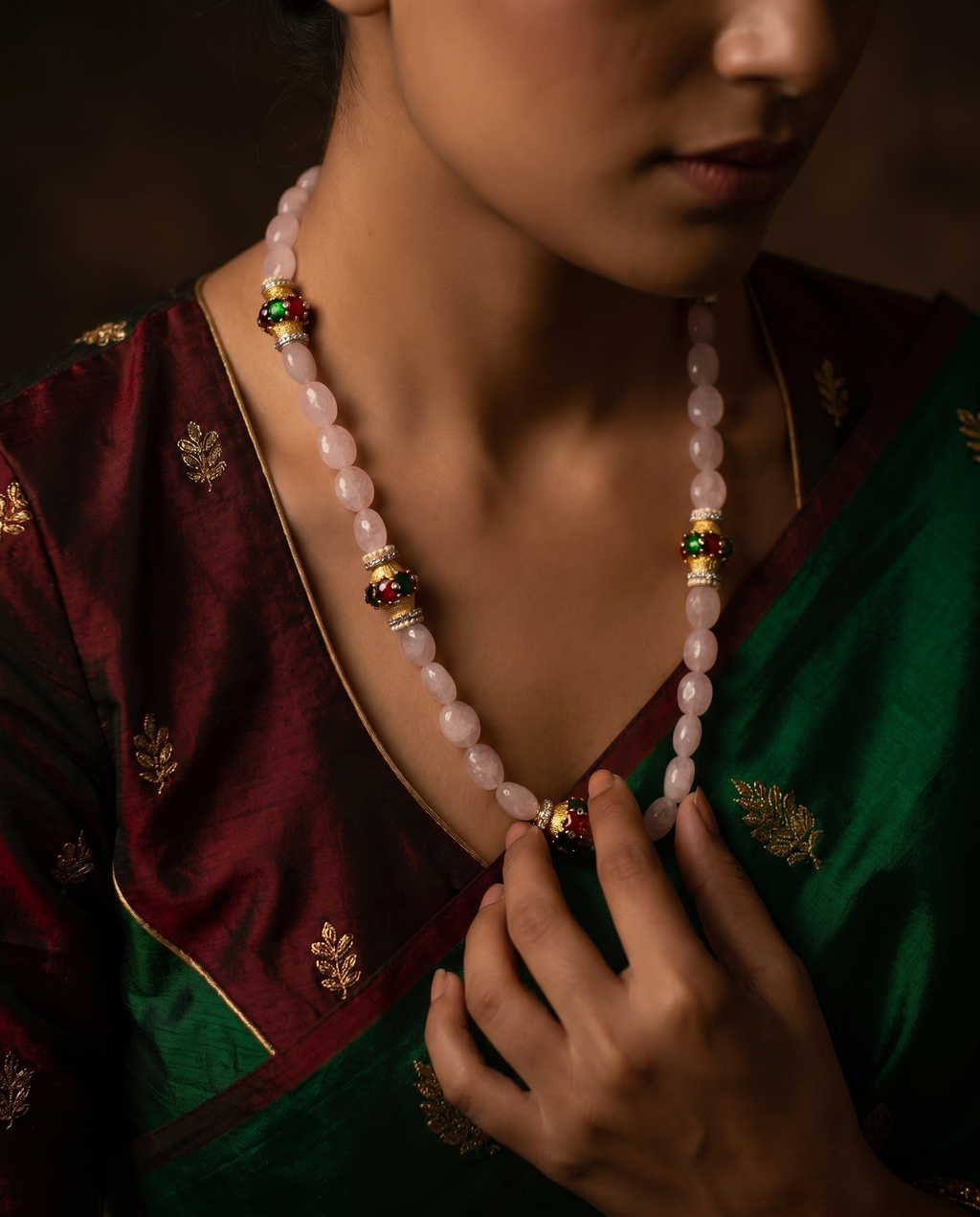 Rose Quartz Meenakari  Bead Necklace