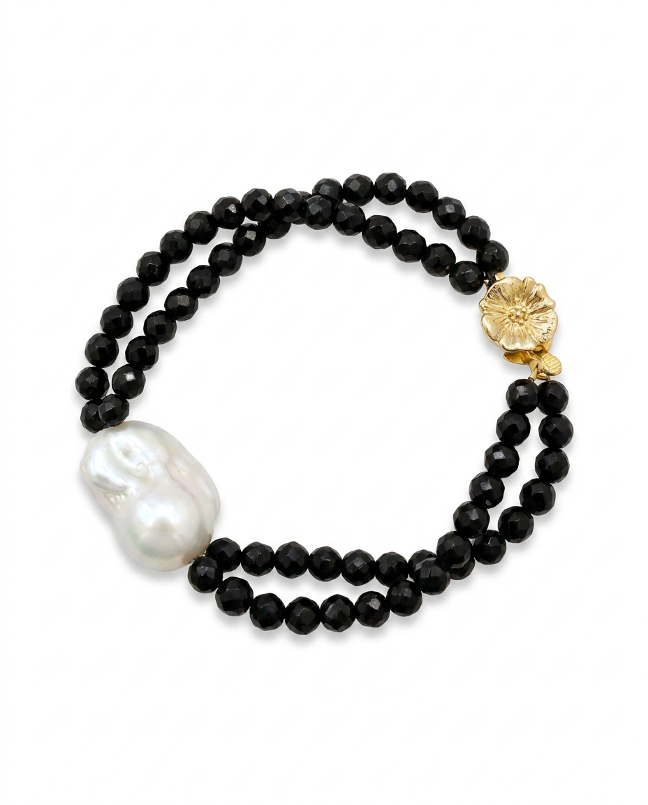 Baroque Pearl Black Bead Bracelet