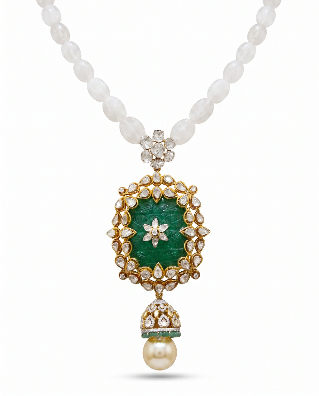 Ivory Bead Carved Green Pendant Necklace