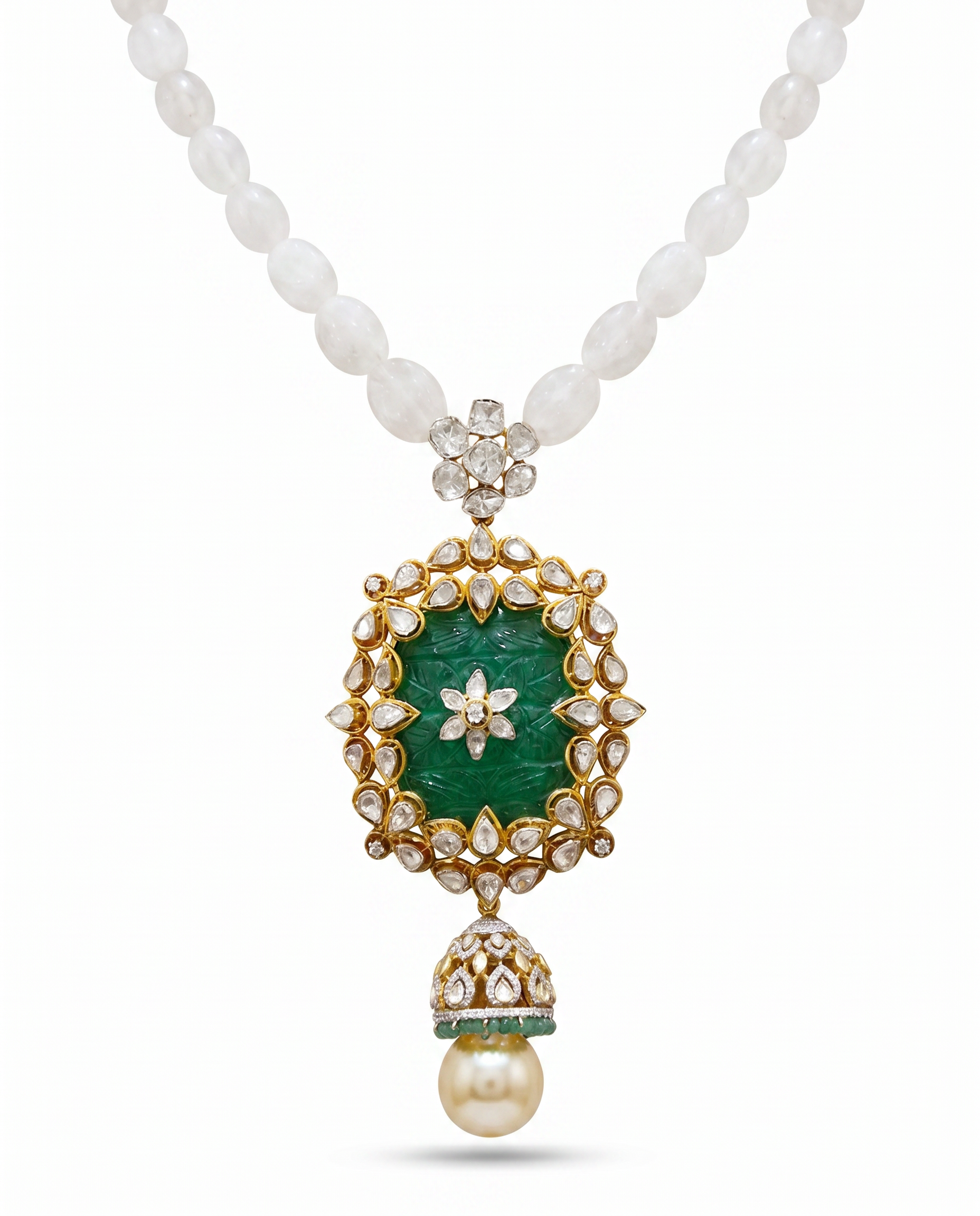 Ivory Bead Carved Green Pendant Necklace