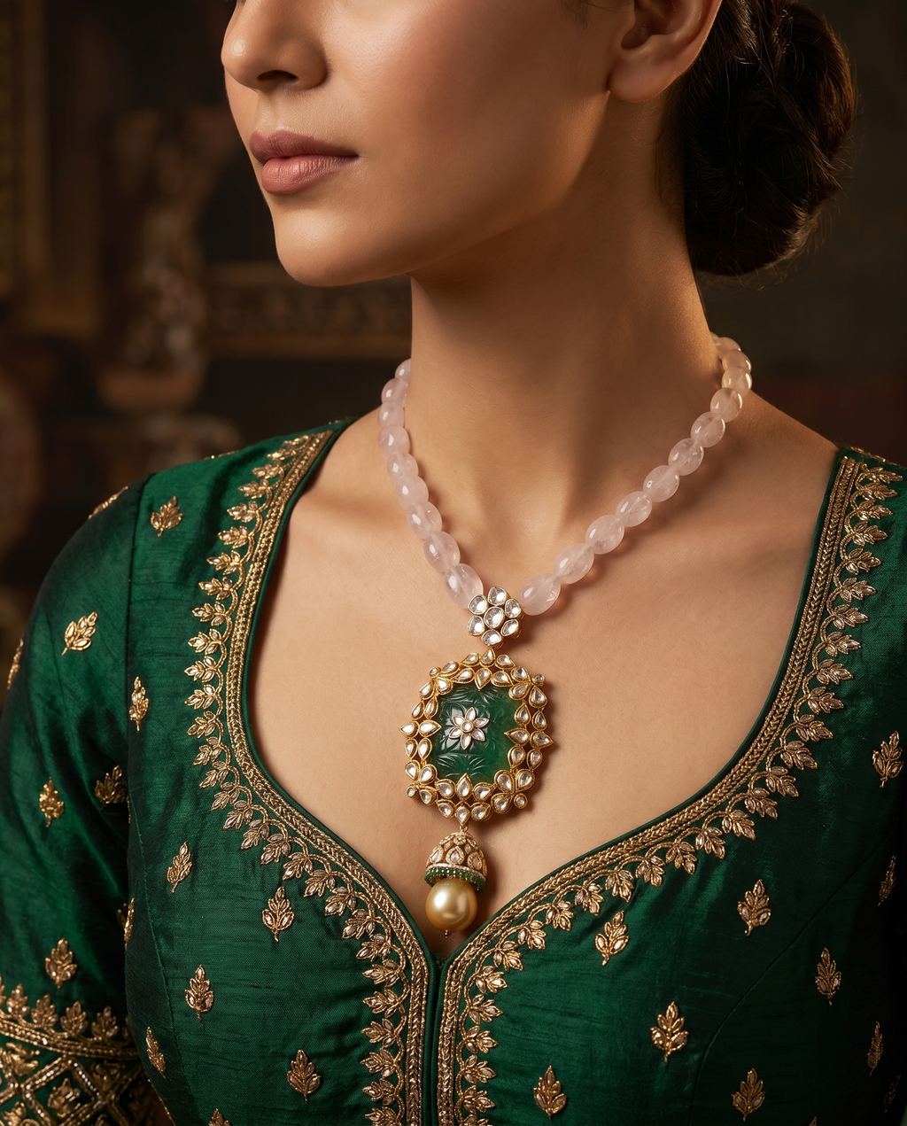 Ivory Bead Carved Green Pendant Necklace