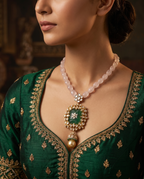 Ivory Bead Carved Green Pendant Necklace