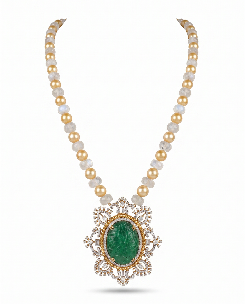 Opalescent Bead Carved Green Medallion Necklace